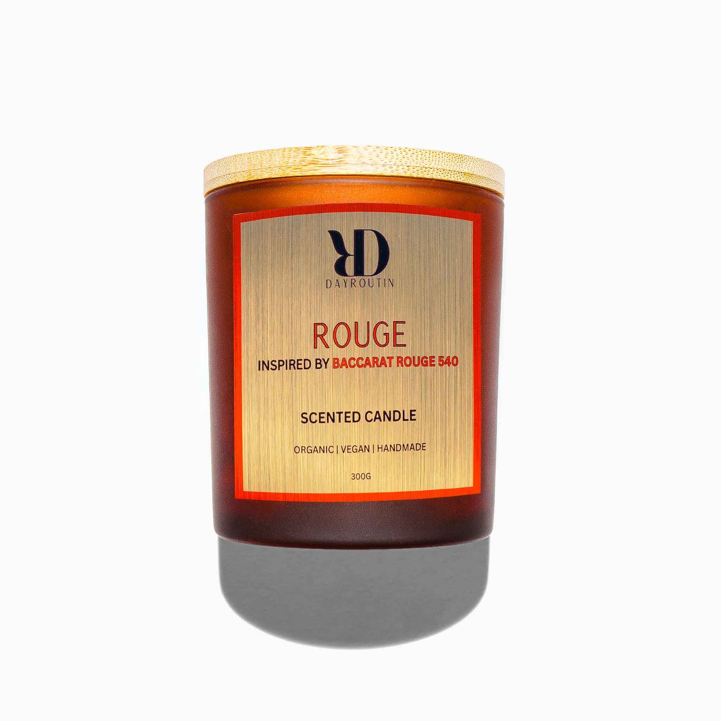 Premium BACCARAT ROUGE Scented Candle in a minimalist glass jar, featuring a luxury amber and saffron fragrance profile_White backgound
