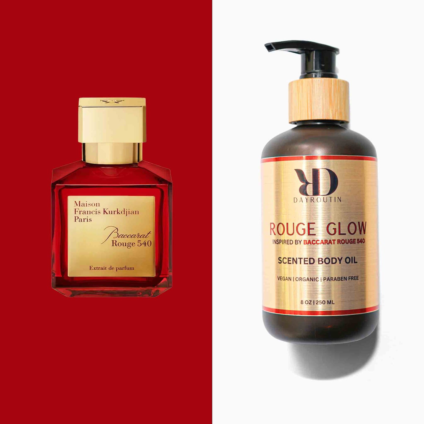 Luxury BACCARAT ROUGE 540 Body Oil inspired glowing oil in a glass bottle, highlighting a silky skin texture and high-end aesthetic.
