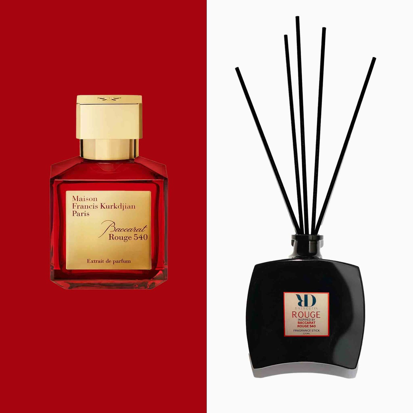 Luxury BACCARAT ROUGE 540 Diffuser with sleek black reeds in a clear glass bottle, styled in a modern, high-end interior setting.