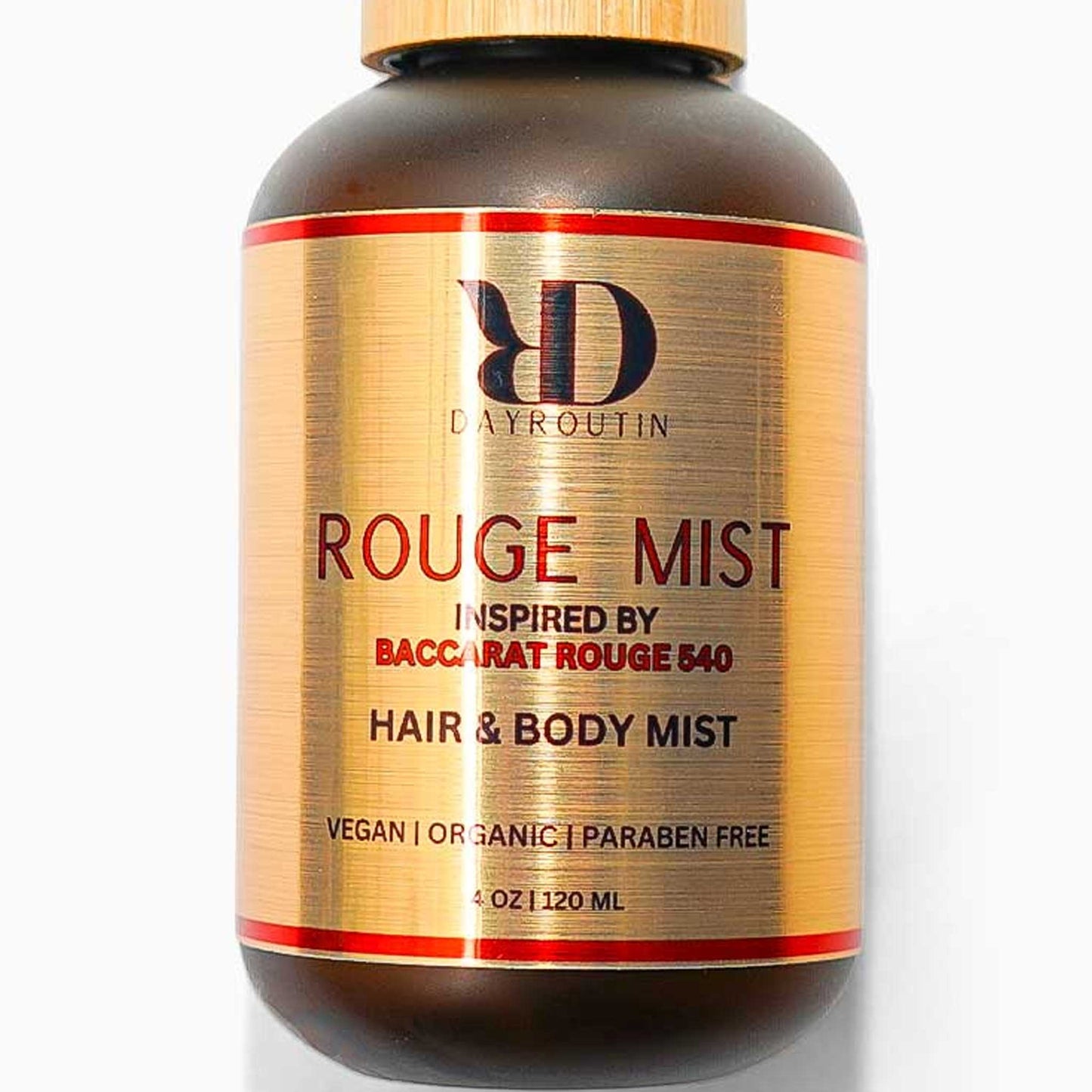 BACCARAT ROUGE 540 Mist inspired hair and body spray bottle, minimalist luxury aesthetic with golden lighting.