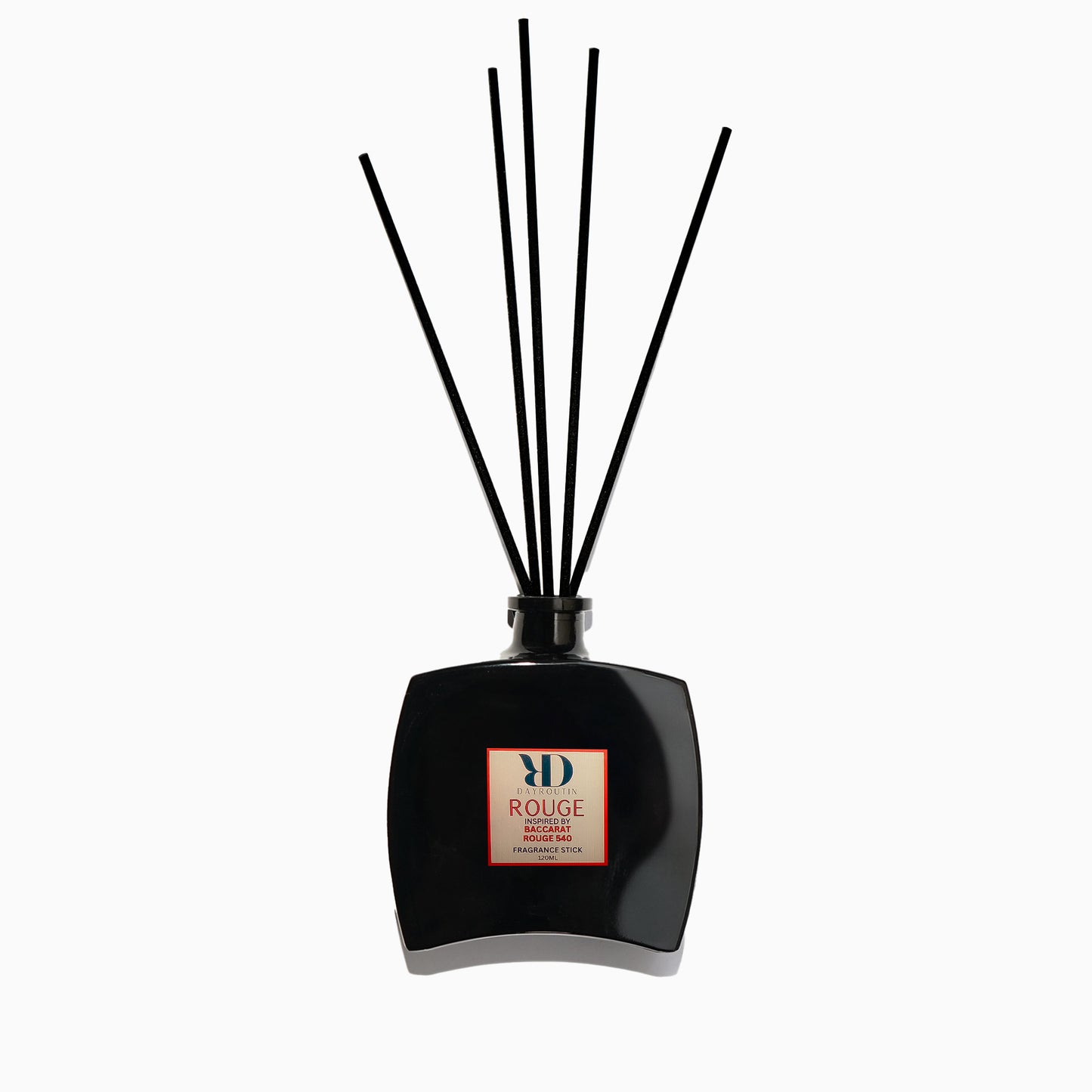 Luxury BACCARAT ROUGE 540 Diffuser with sleek black reeds in a amber matt glass bottle, styled in a modern, high-end interior setting.