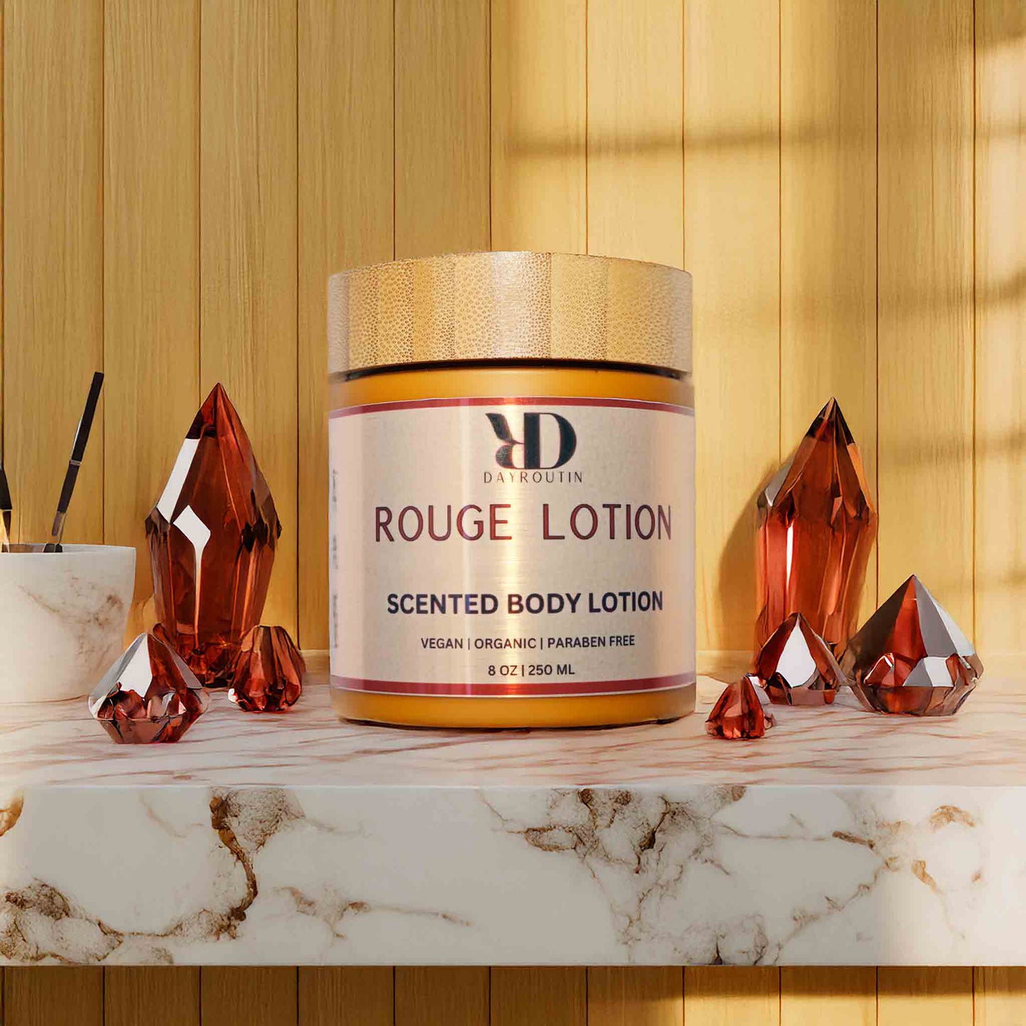 Luxury BACCARAT ROUGE Body Lotion inspired scented moisturizer in an elegant bottle, styled with a high-end Parisian beauty aesthetic.