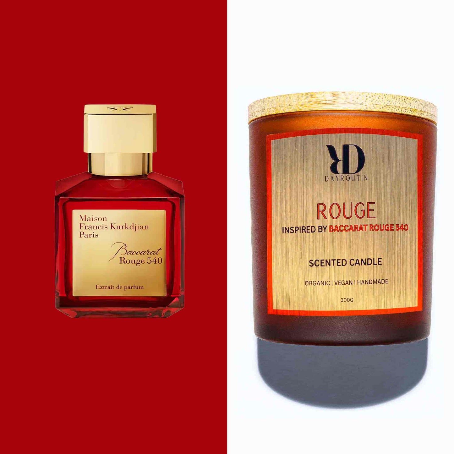 Premium BACCARAT ROUGE Scented Candle in a minimalist glass jar, featuring a luxury amber and saffron fragrance profile.