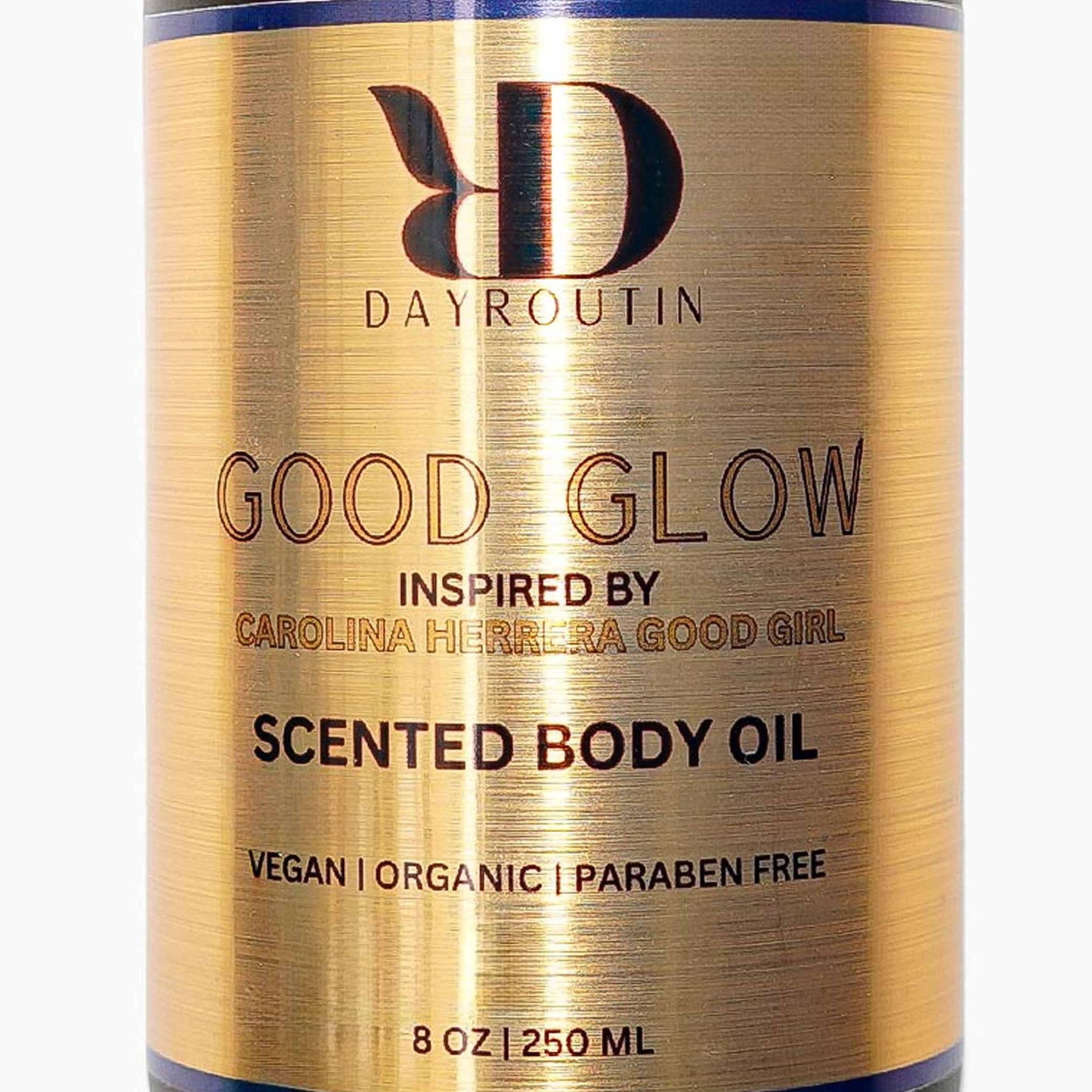 GOOD GLOW body oil on a bathroom shelf, suggesting soft, glowing, jasmine and cocoa scented skin