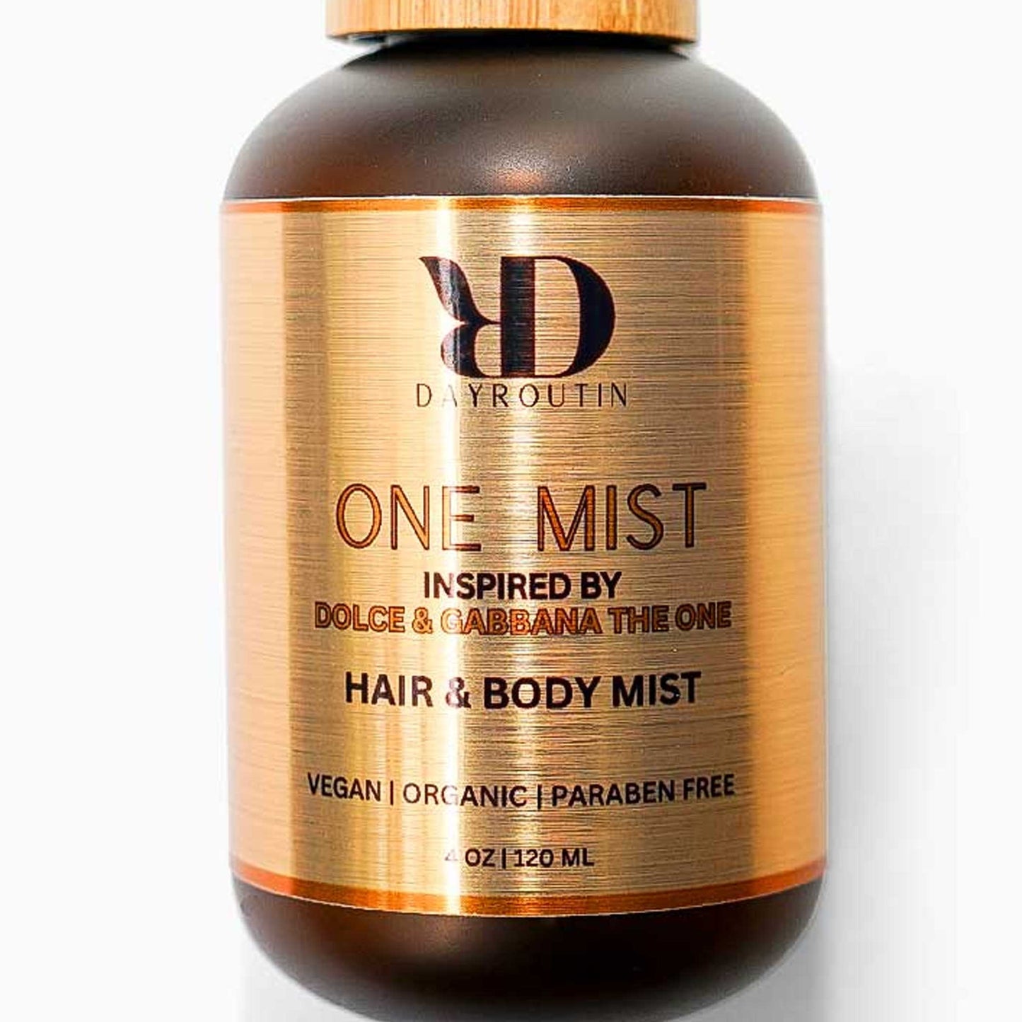 Golden floriental body spray smelling like Dolce & Gabbana The One perfume, safe for hair.