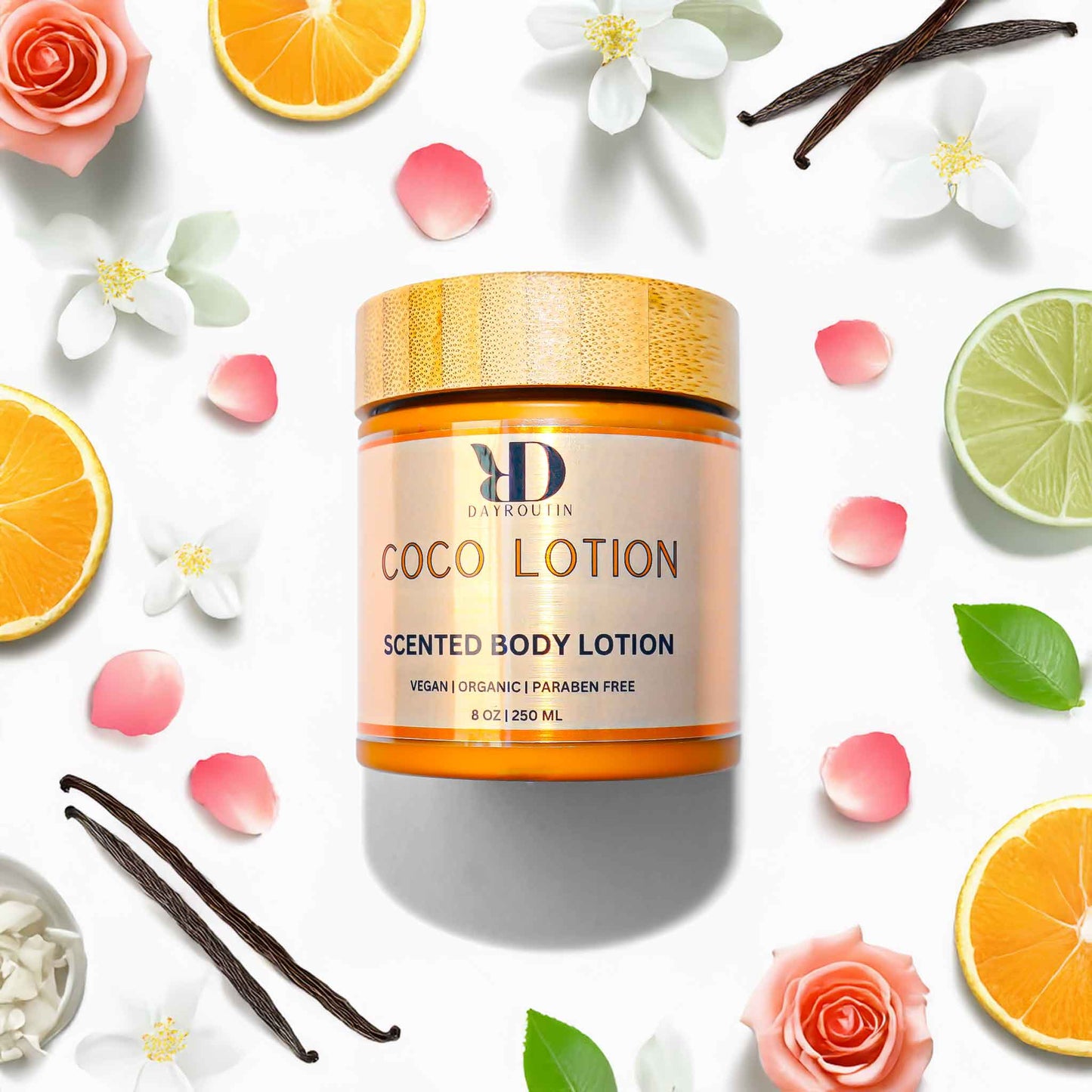 COCO body lotion with shower essentials, orange rose patchouli scented elegance