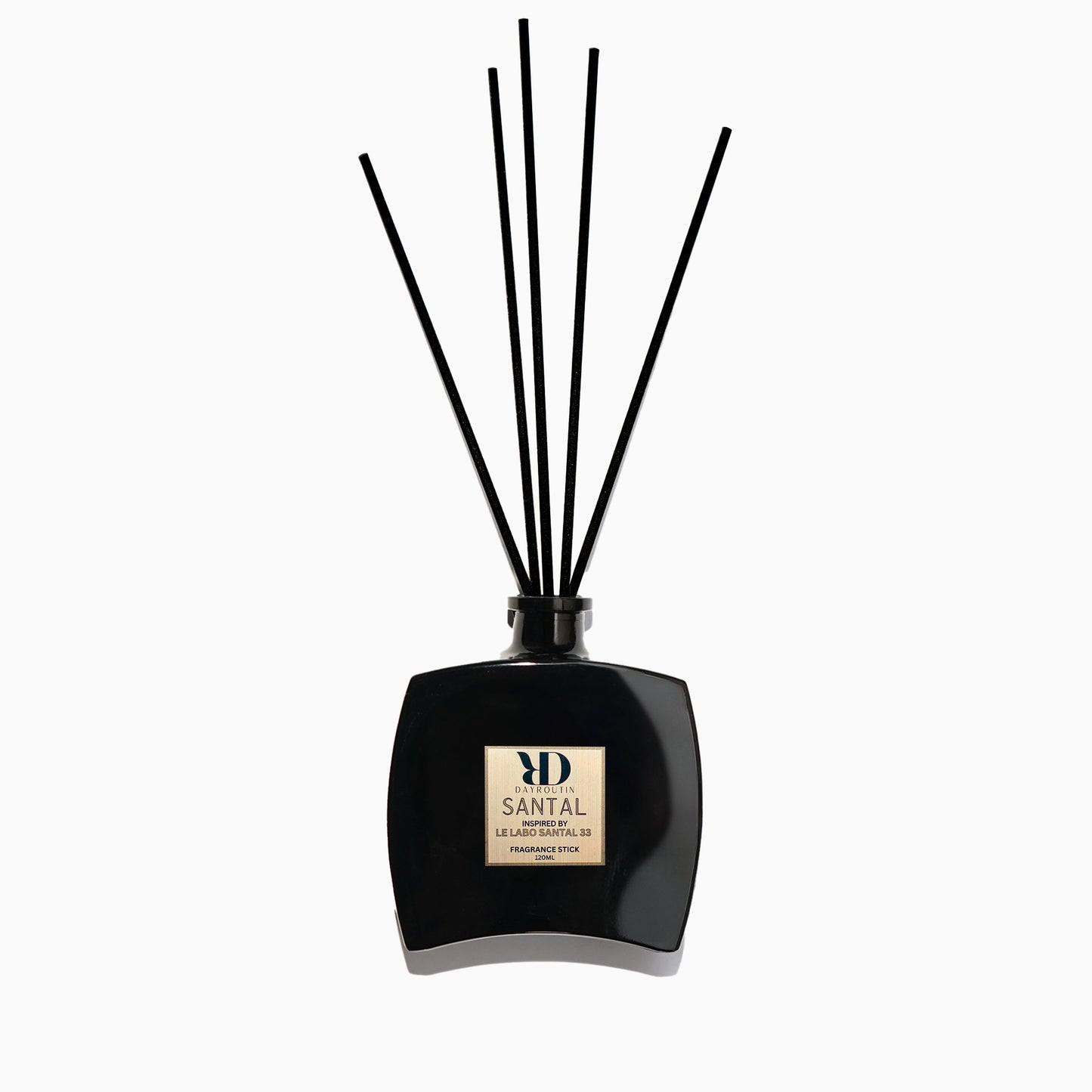 Le Labo Santal 33 inspired reed diffuser with black sticks on wooden table