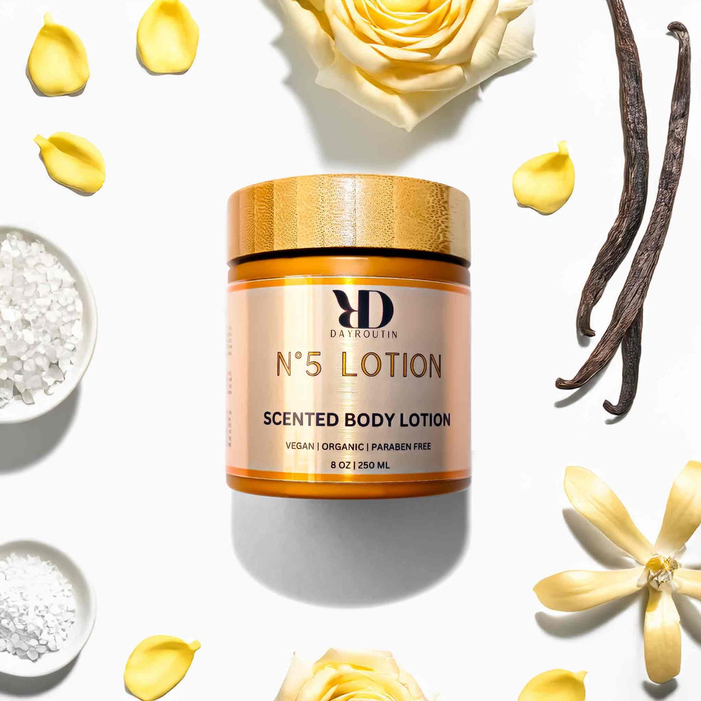 N°5 body lotion with pearls and perfume, creating a classic powdery floral beauty ritual