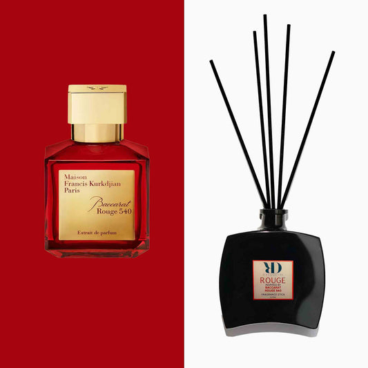 Luxury BACCARAT ROUGE 540 Diffuser with sleek black reeds in a clear glass bottle, styled in a modern, high-end interior setting.