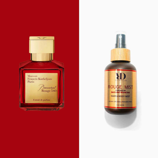 BACCARAT ROUGE 540 Mist inspired hair and body spray bottle, minimalist luxury aesthetic with golden lighting.