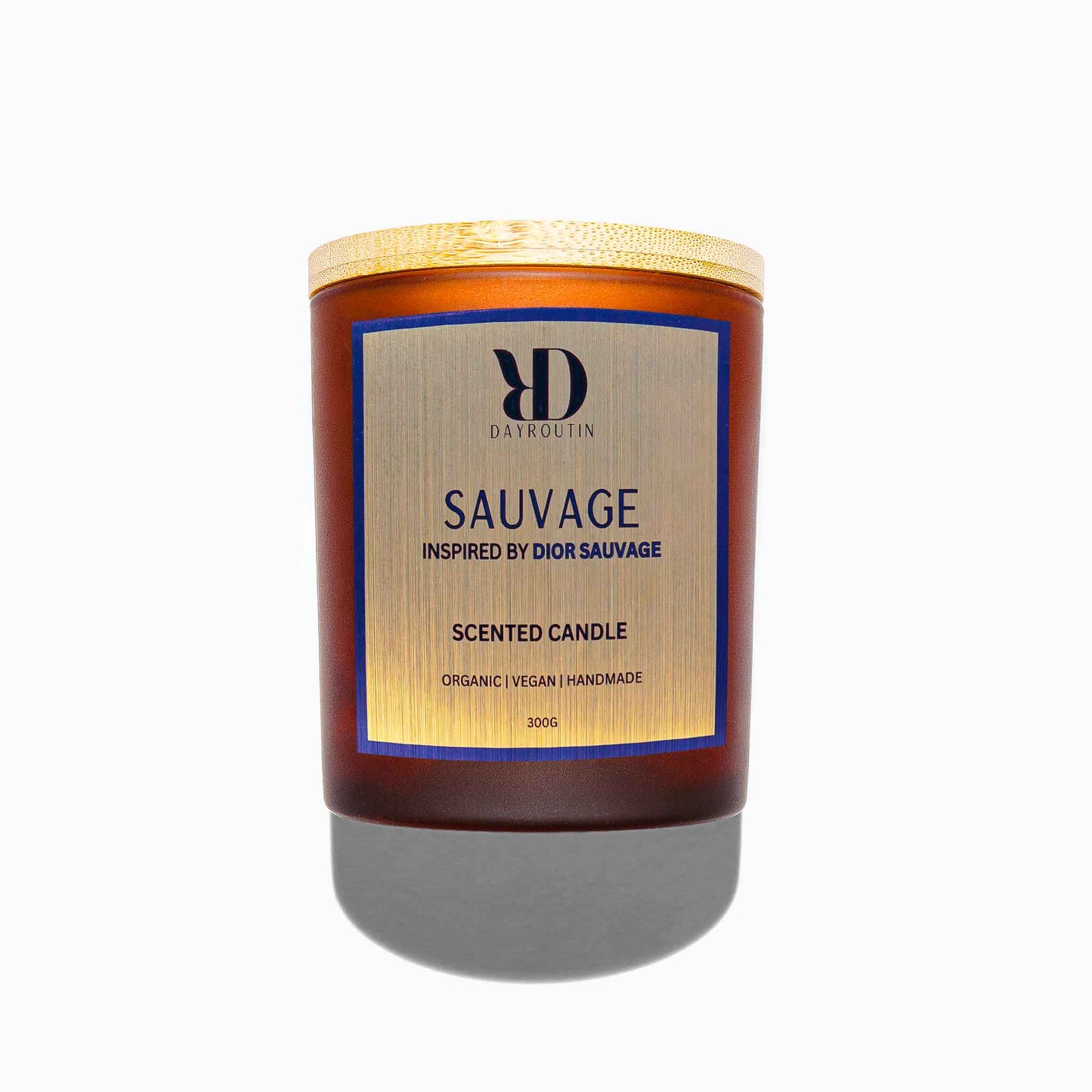 Dior Sauvage inspired scented candle in a luxury glass vessel, showcasing its natural soy wax