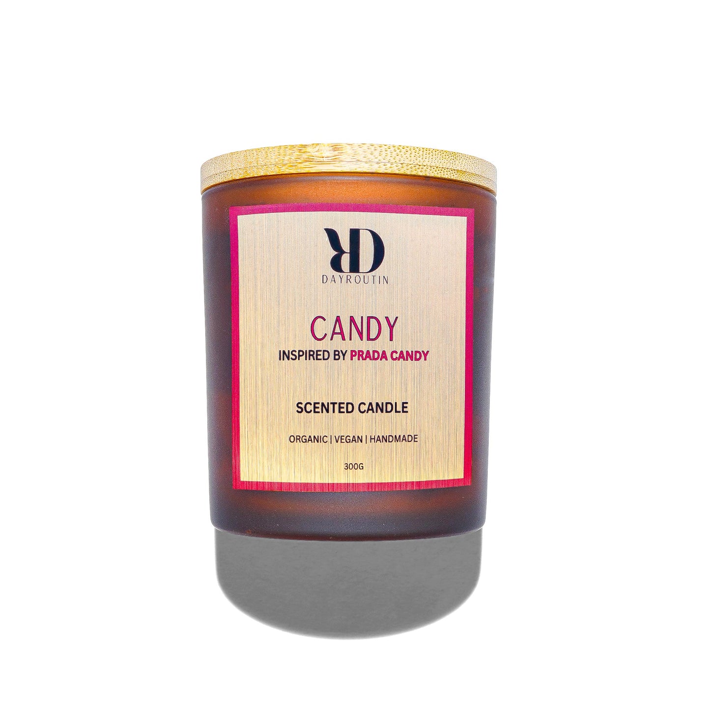 "Prada Candy inspired soy candle pink label"

